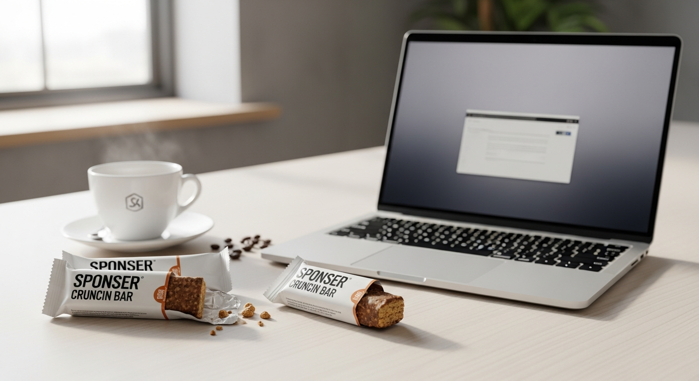 Sponser Crunchy Protein Bar with peanut caramel flavor displayed on desk workspace