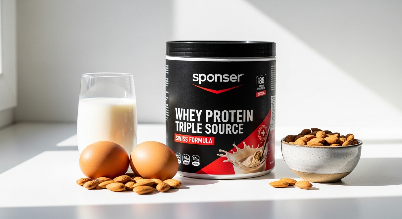 Sponser Whey Protein Triple Source powder container with vanilla and chocolate flavor variants displayed