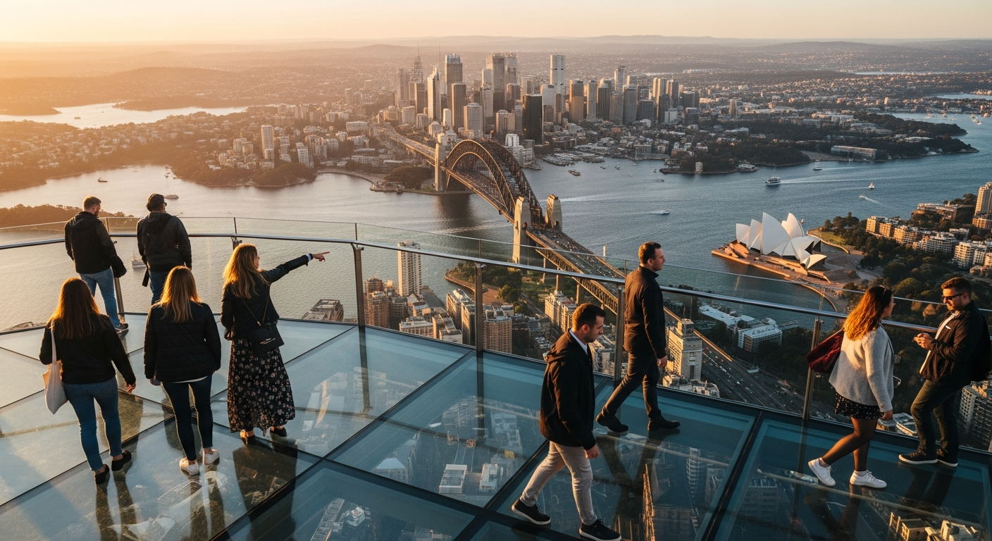 Person standing on glass platform 268 meters above Sydney city skyline