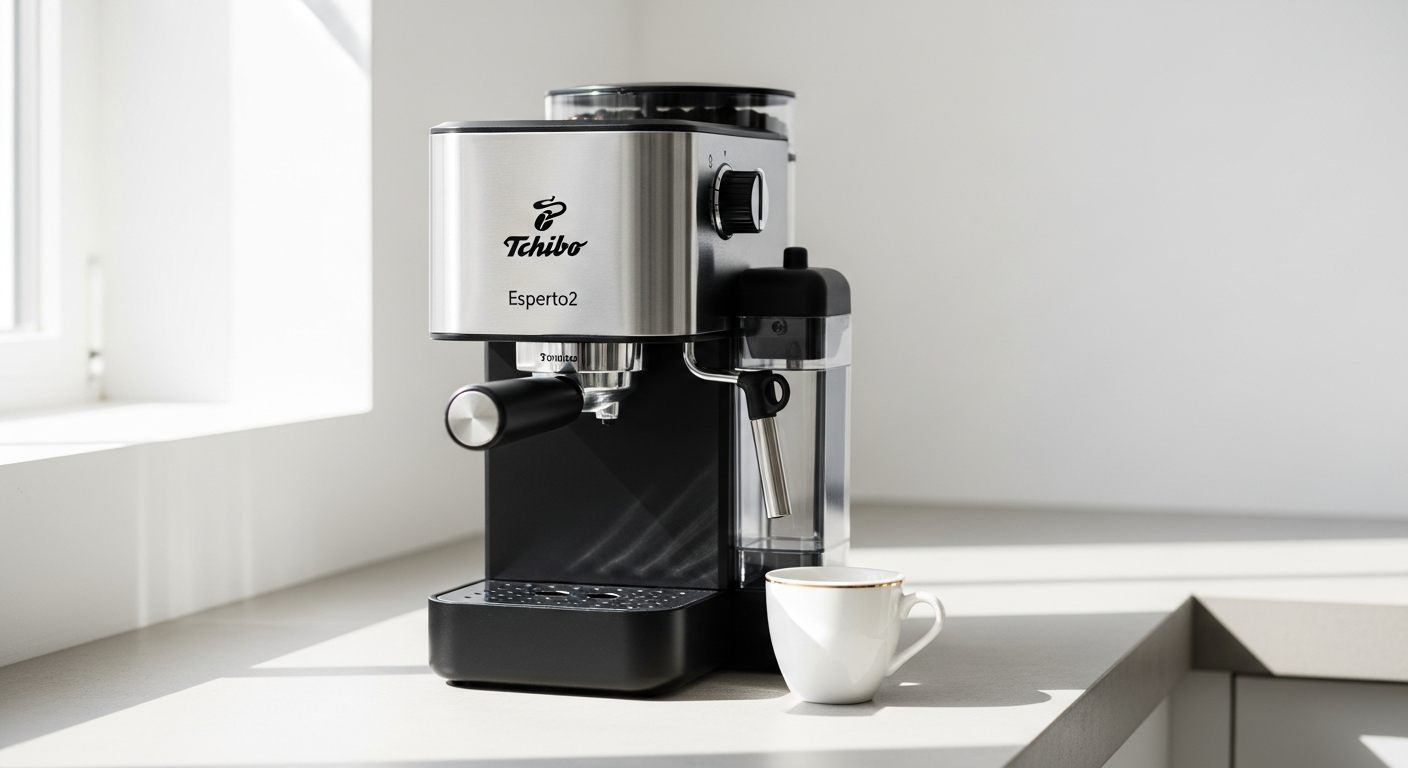 Tchibo Esperto2 Caffè compact black espresso machine with stainless steel grinder on kitchen counter