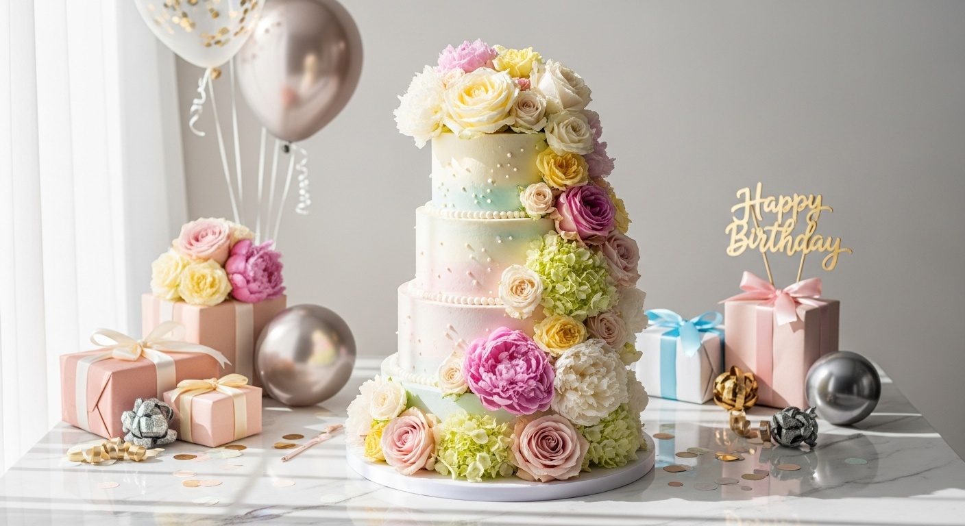 Vibrant floral cake arrangement with sunflowers and white flowers