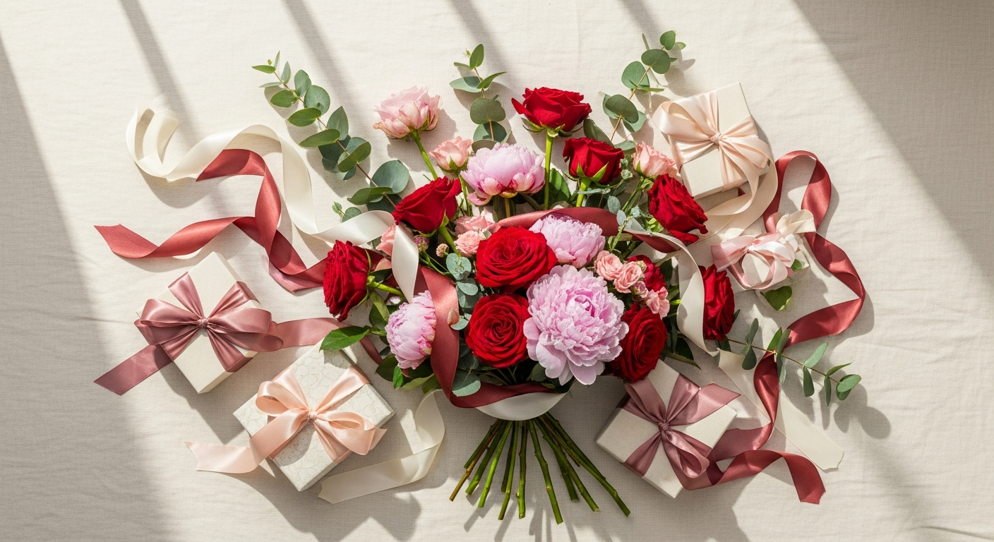 Bisous Bouquet with peach roses, pink stock, and orange hypericum berries in clear glass vase