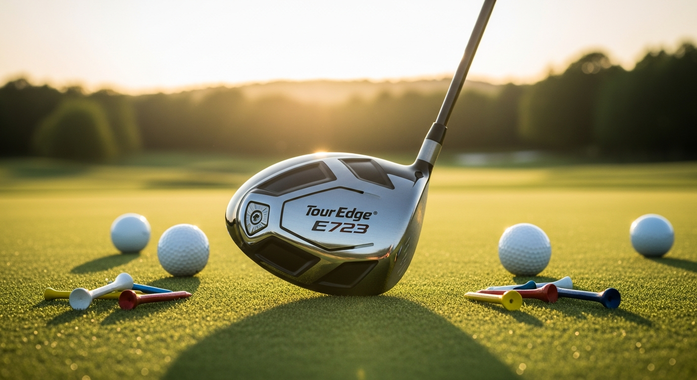 Tour Edge Exotics E723 driver with extreme forgiveness technology displayed on golf course