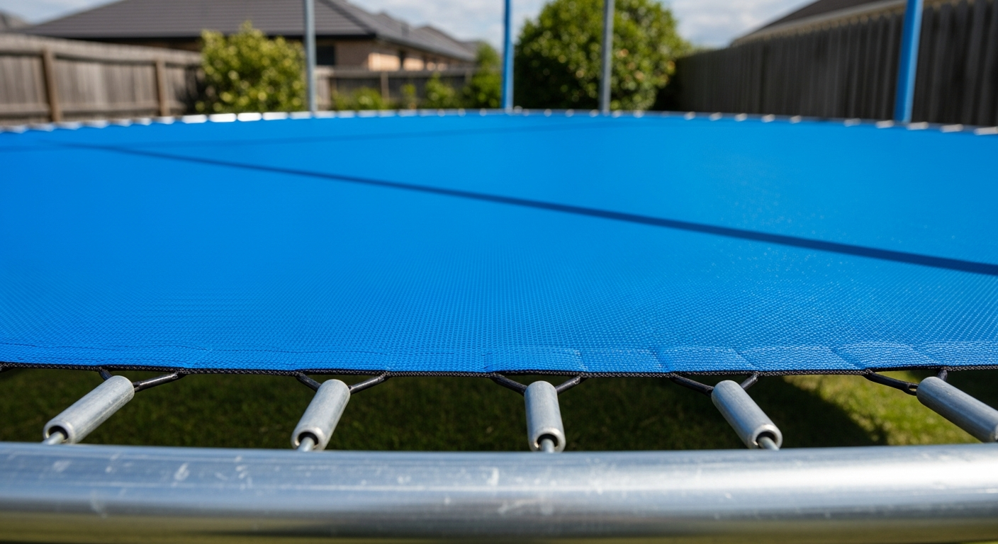 Replacement trampoline mat with reinforced stitching and V-rings for durability