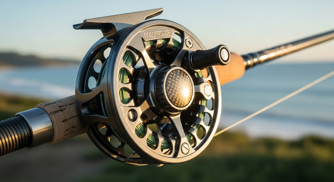 Nautilus CCF-X2 saltwater fly reel displayed on sandy beach with ocean backdrop