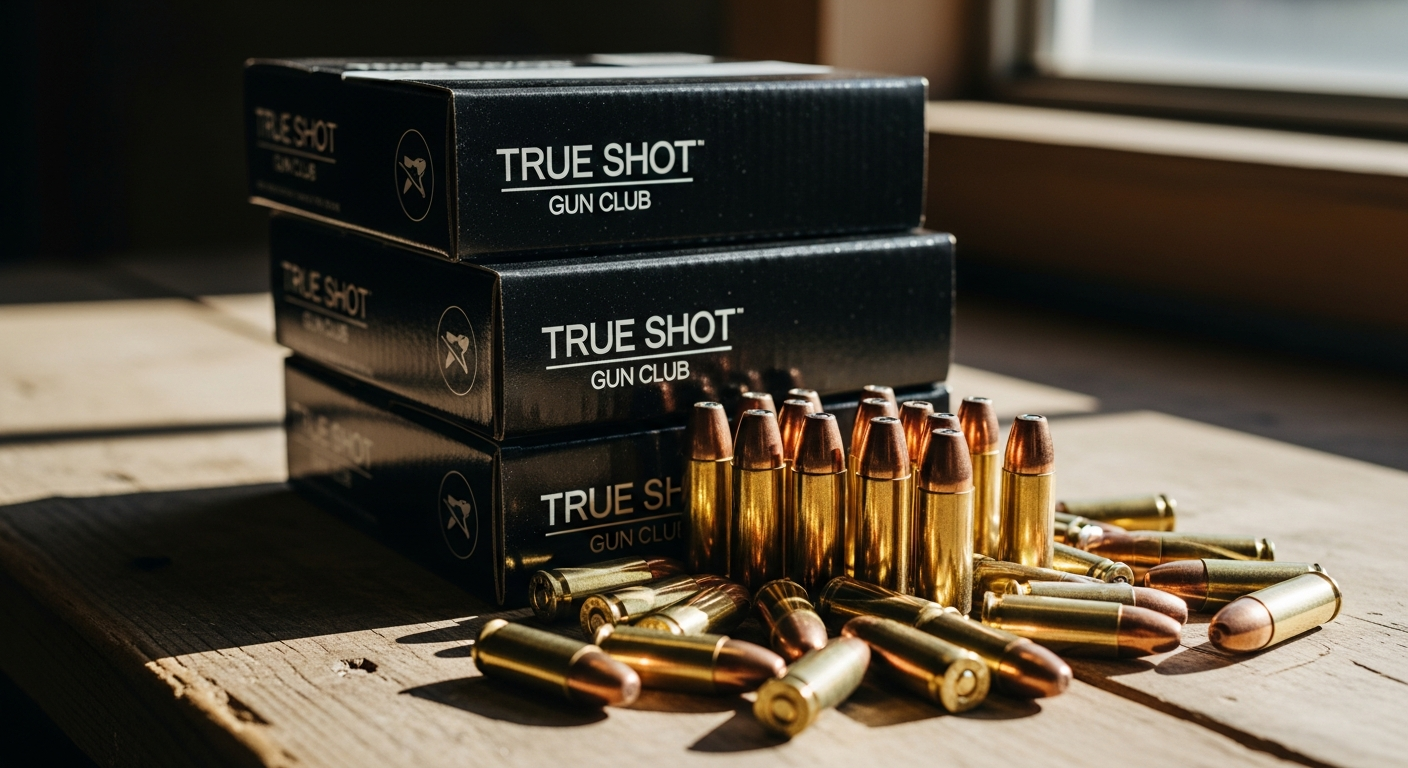 Bulk 9mm FMJ ammunition boxes stacked at True Shot Gun Club range