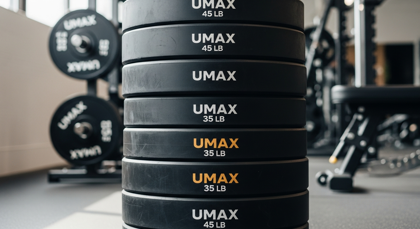 UMAX Premium Urethane Olympic Weight Plates stacked in commercial gym facility
