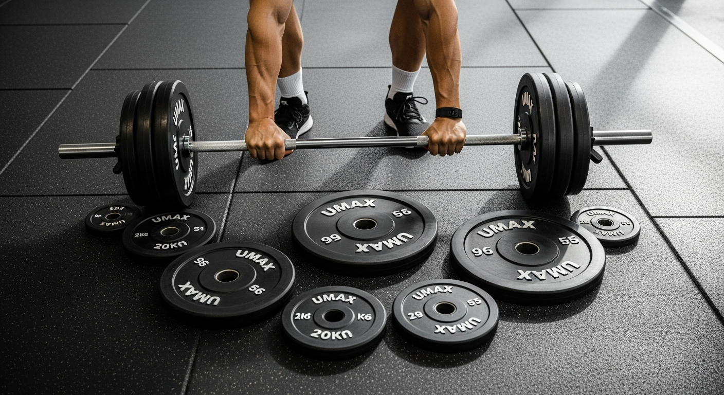 Commercial gym owner loading Umax Premium Urethane Olympic plates onto barbell in modern fitness facility