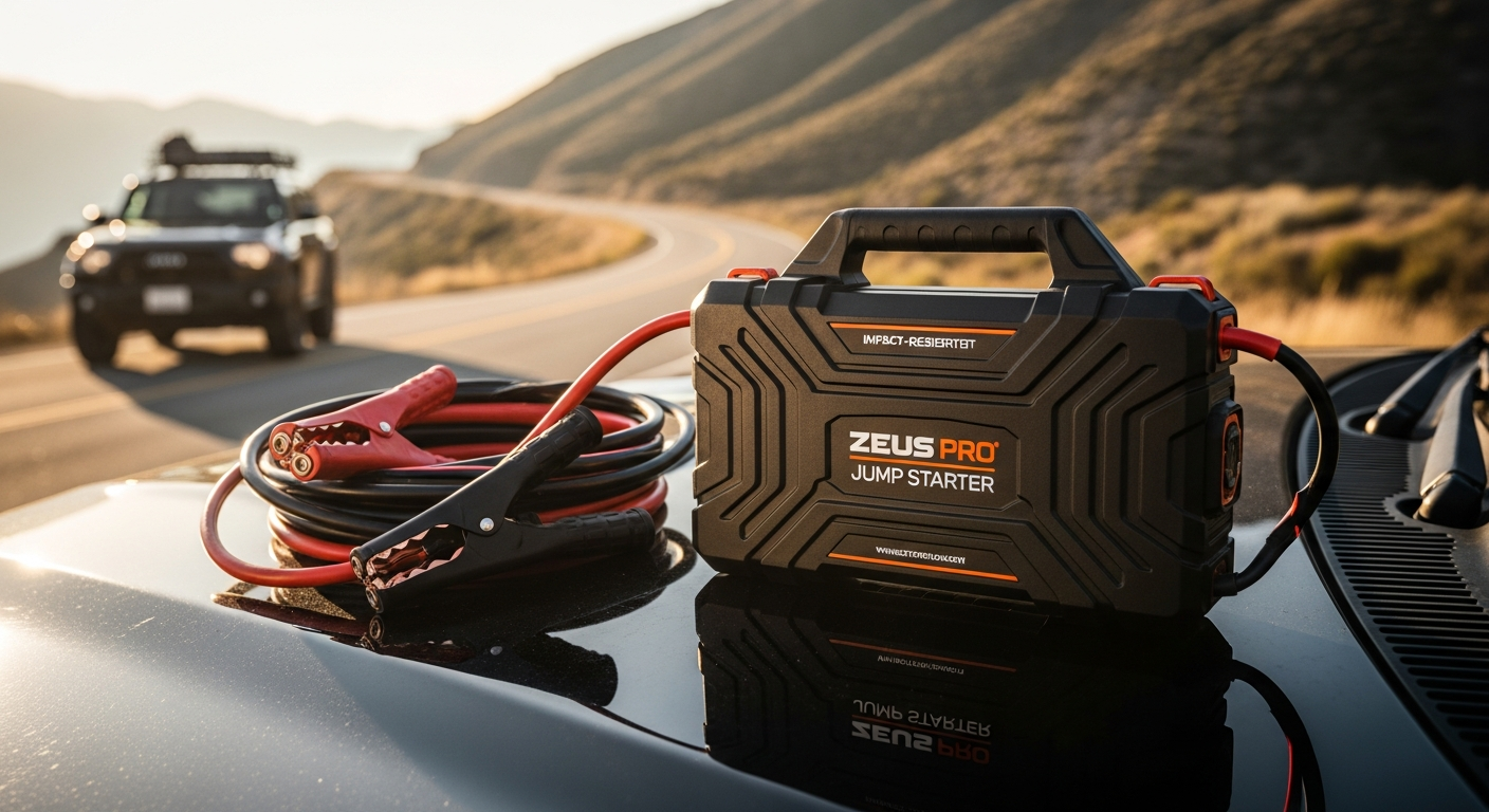 Uncharted Zeus Pro portable jump starter with LED flashlight and charging cables displayed