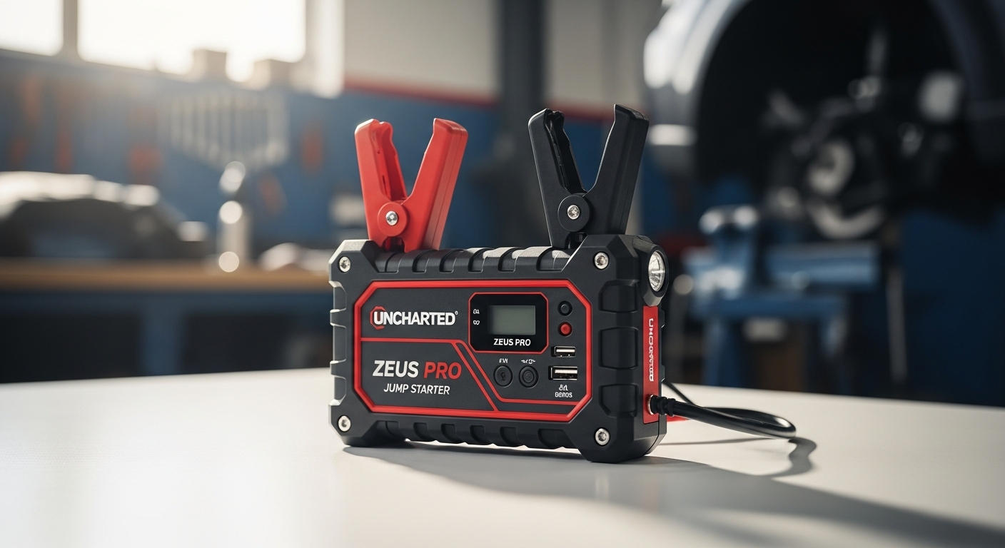 Uncharted Zeus Pro portable jump starter with jumper cables and accessories on dark background