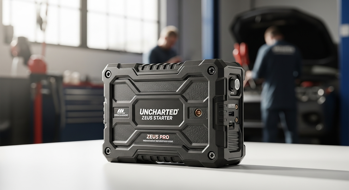Uncharted Zeus Pro portable jump starter with jumper cables and carrying case displayed