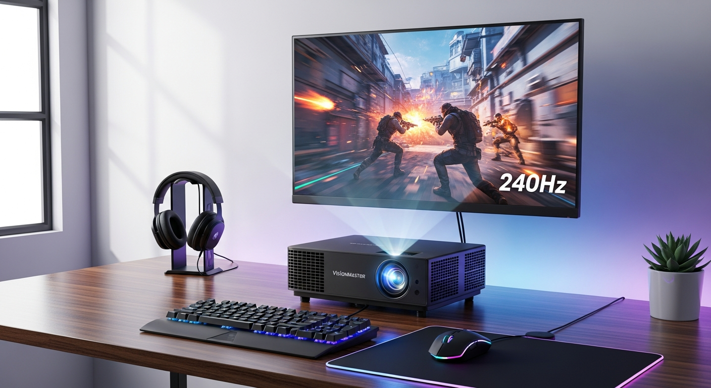 Valerion VisionMaster Pro 2 projector displaying high-speed gaming action with 240Hz refresh rate