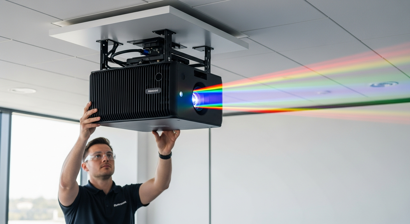 Valerion VisionMaster Max 4K laser projector displaying vibrant RGB triple laser technology in home theater