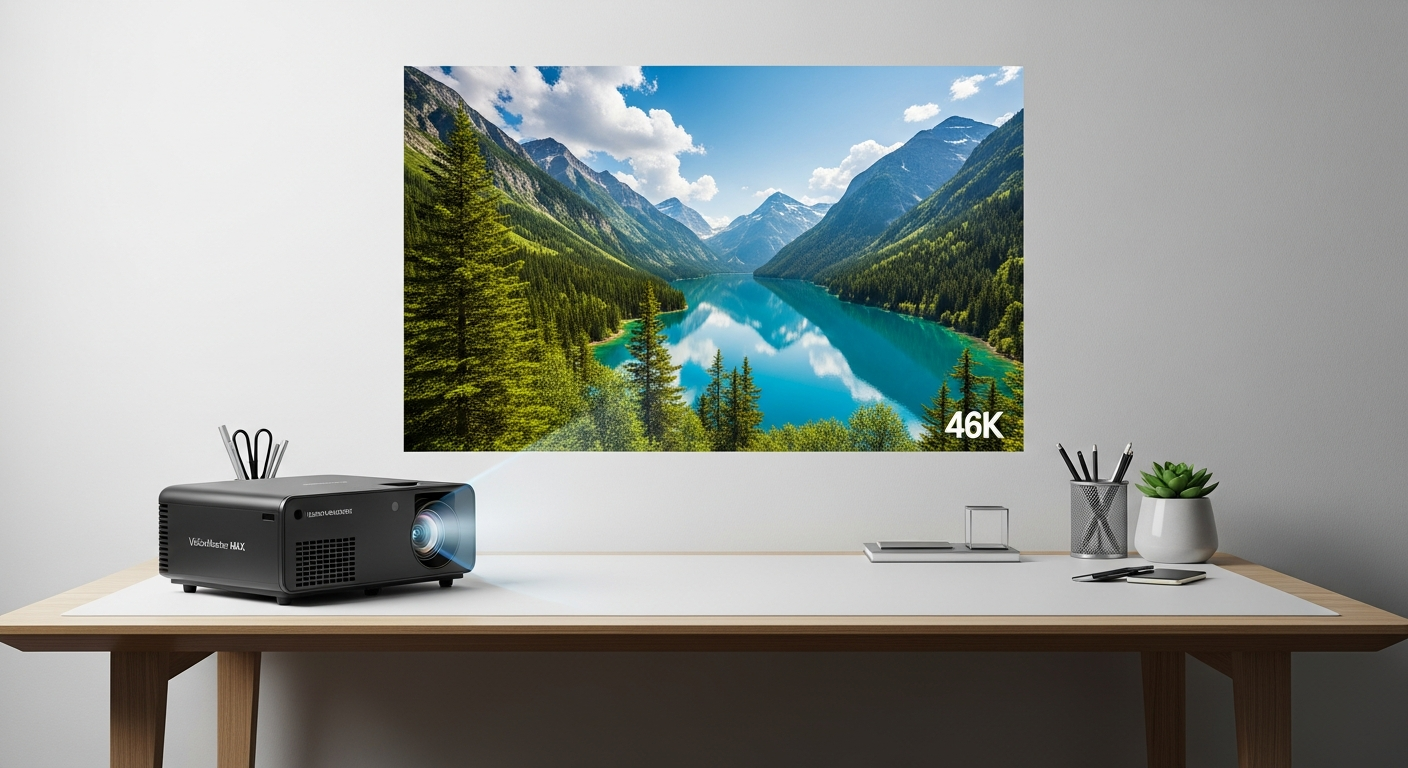 Valerion VisionMaster Max 4K projector displaying vibrant rainbow-free cinema image on large home theater screen