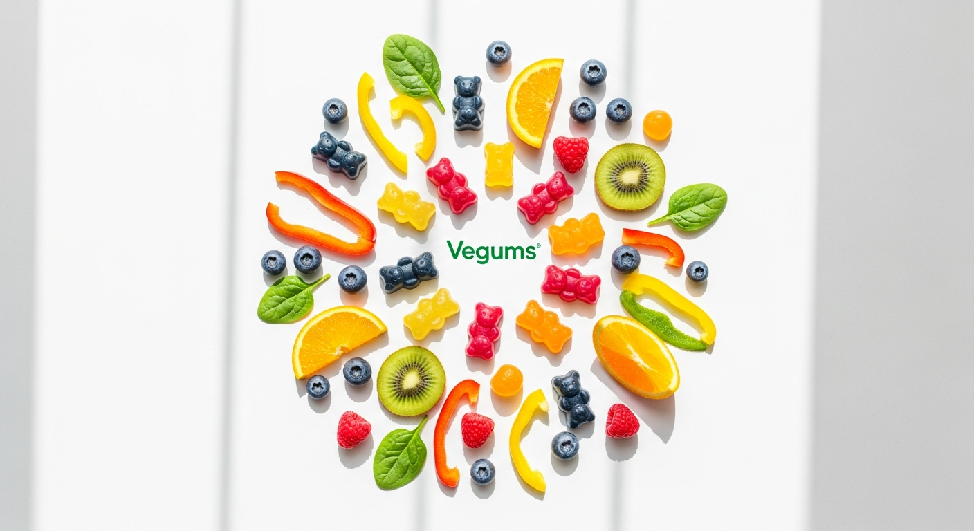 Colorful vegan multivitamin gummies in a sustainable cardboard container