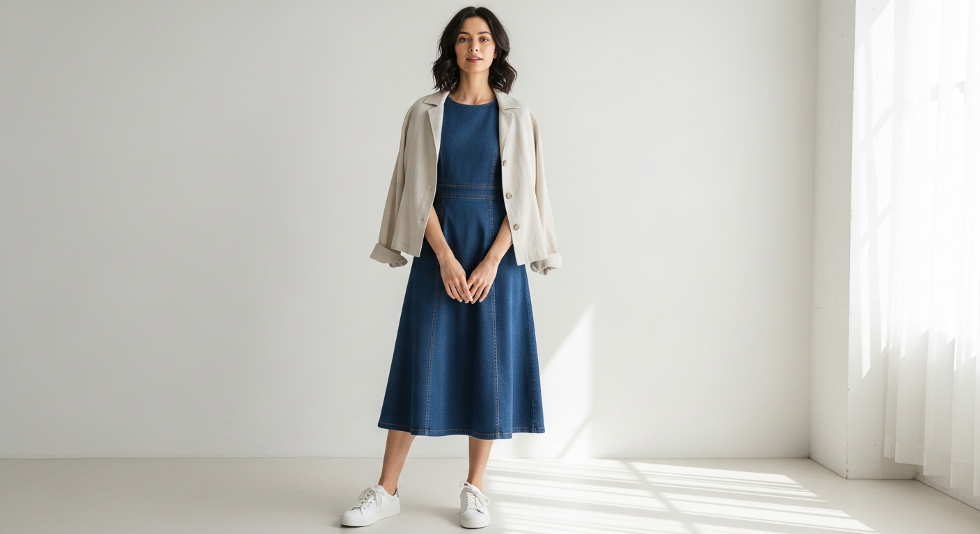 Vivere London Romy Denim Midi Shirt Dress styled for spring