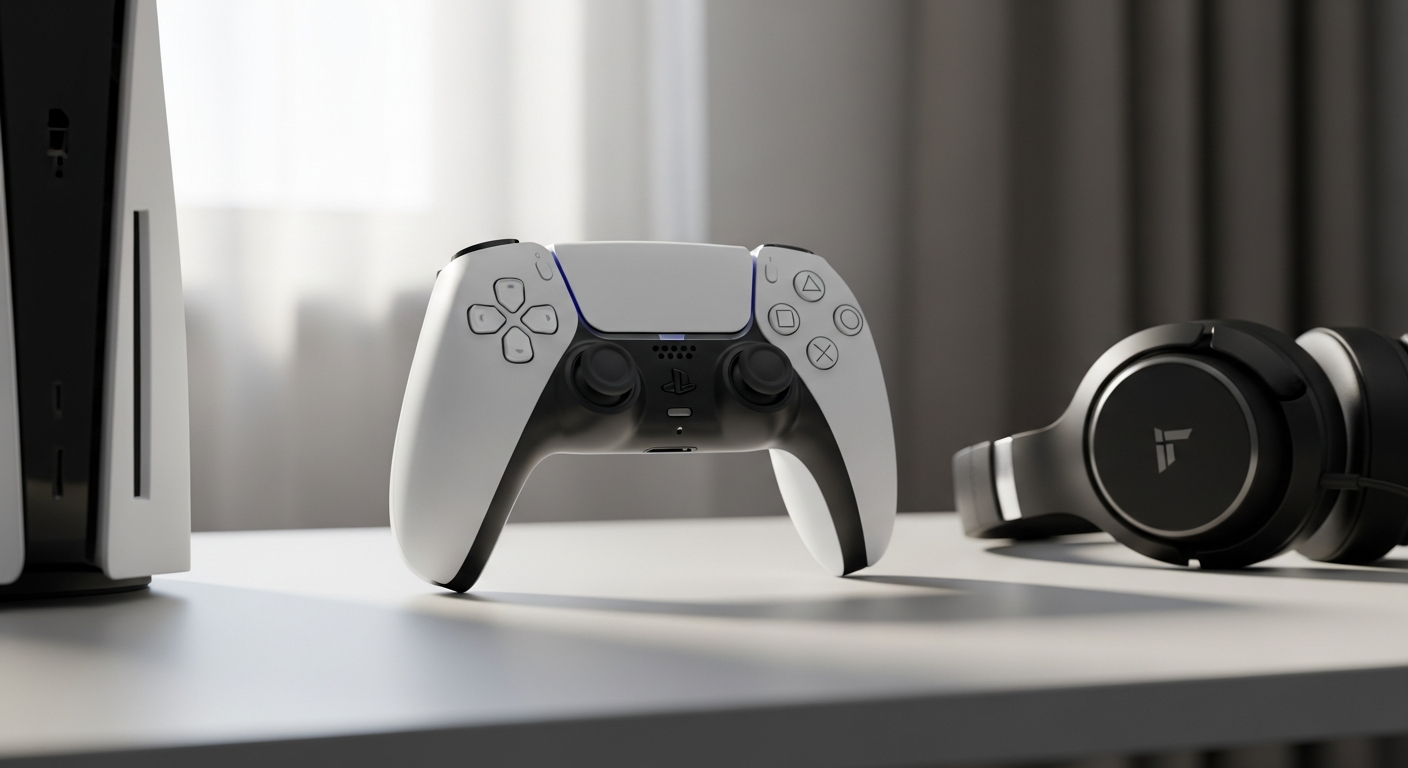 Sony DualSense Wireless Controller with haptic feedback and adaptive triggers displayed on white background