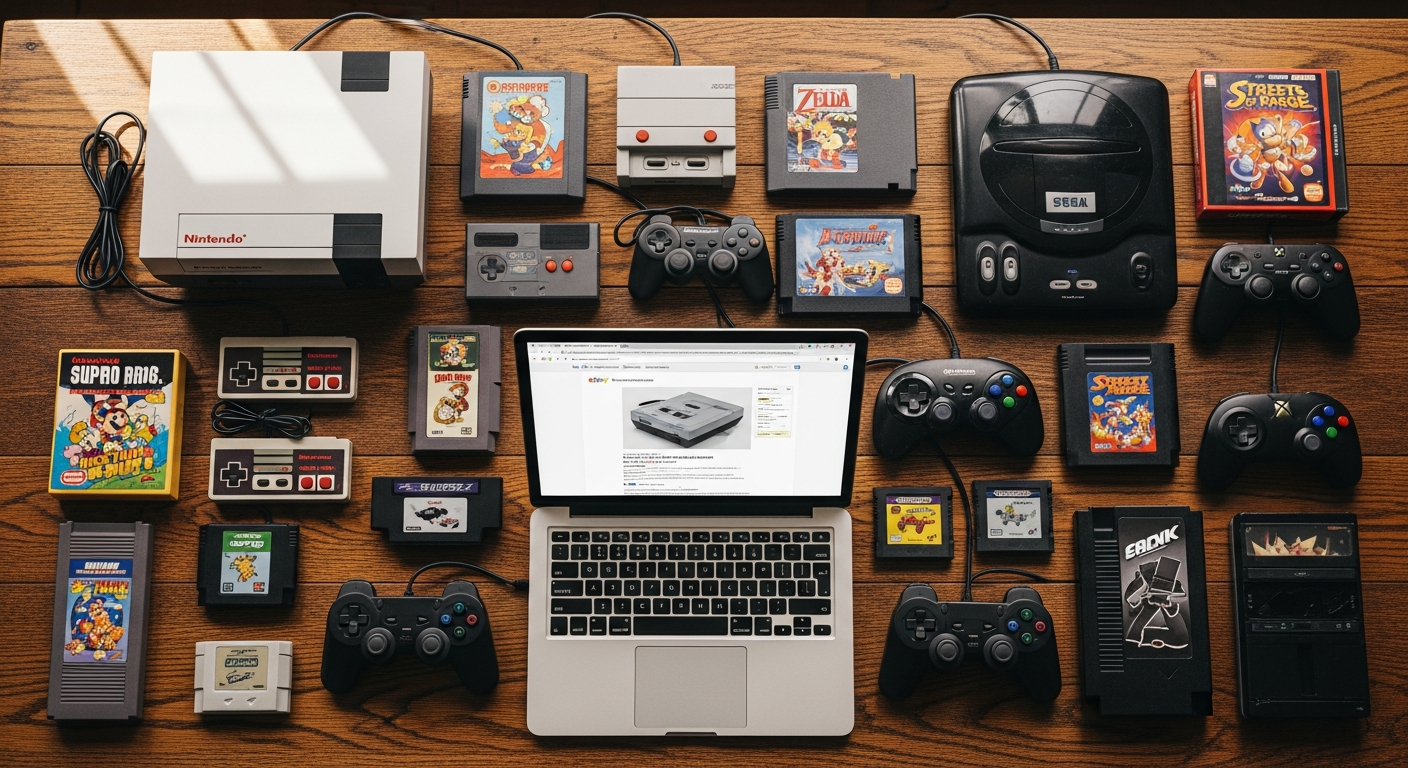 Gamer browsing rare imported video games on online marketplace platform