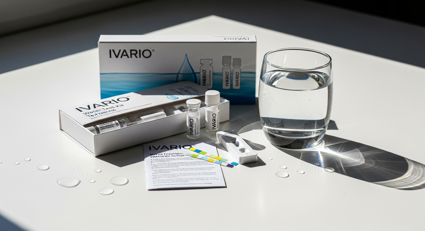IVARIO Wasseranalyse PLUS Trinkwassertest kit with sample collection bottle and laboratory analysis report