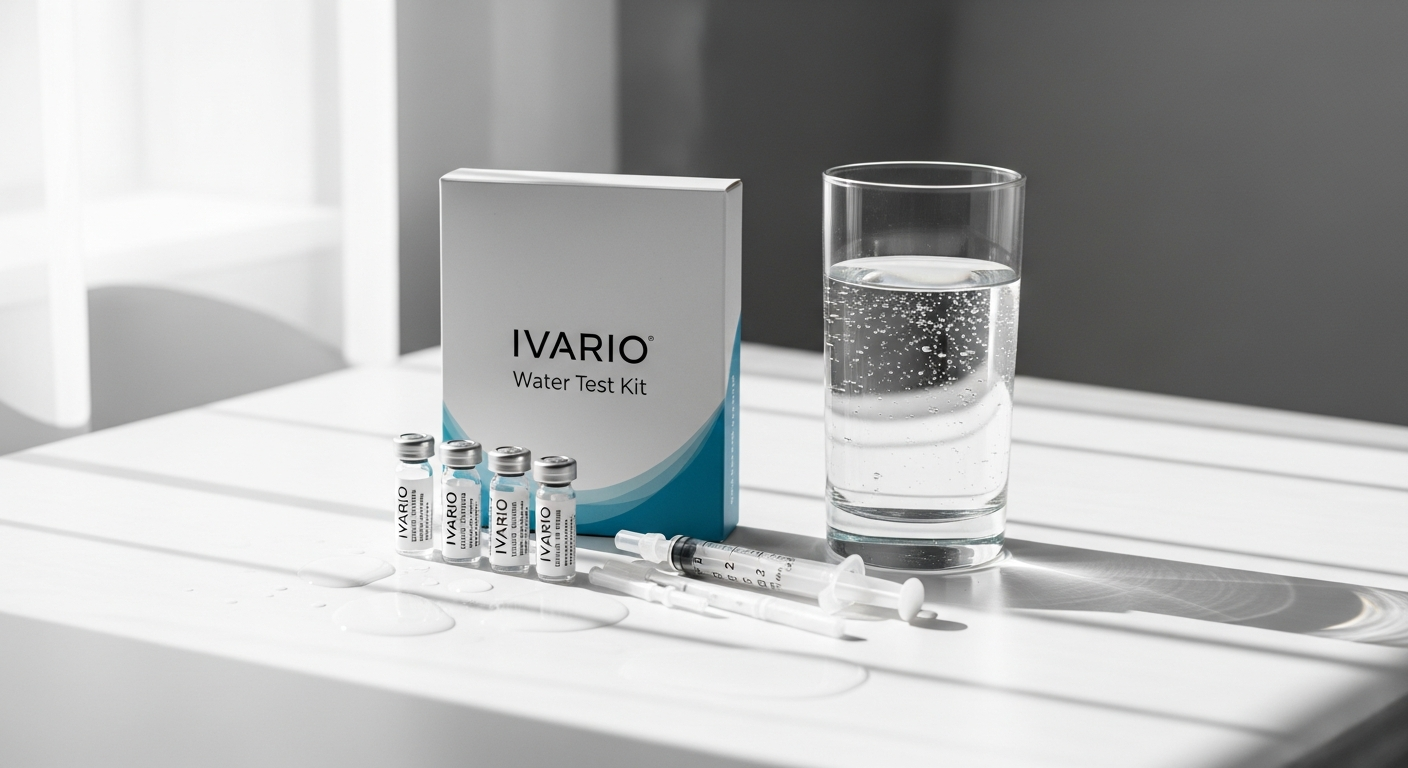 IVARIO Standard Water Test Kit box with sample collection vials and laboratory analysis documentation