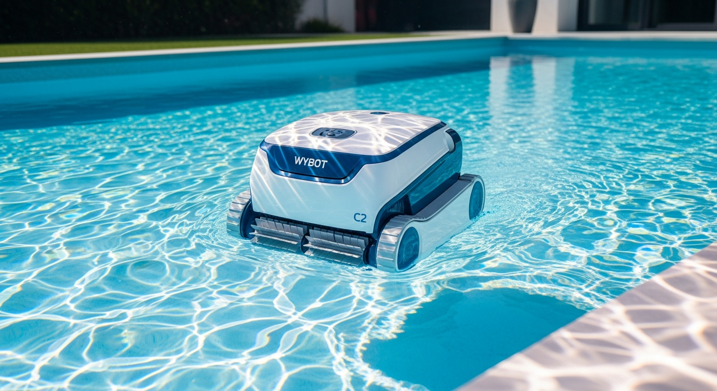 WYBOT C2 Cordless Robotic Pool Cleaner cleaning pool floor with AI Vision technology