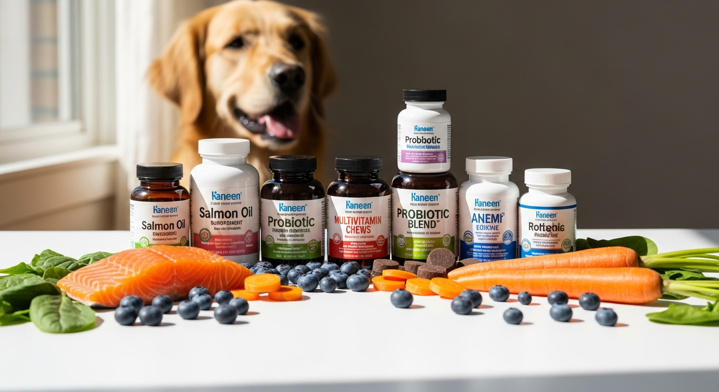 Senior golden retriever eating Canine Prime Advanced Dog Supplement powder from bowl