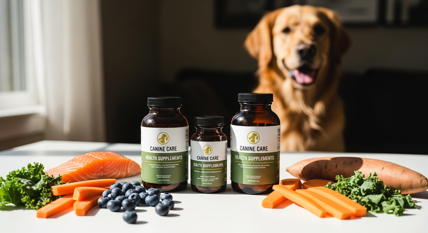 Canine Prime Advanced Dog Health Supplement powder in jar with bacon flavor and superfood ingredients