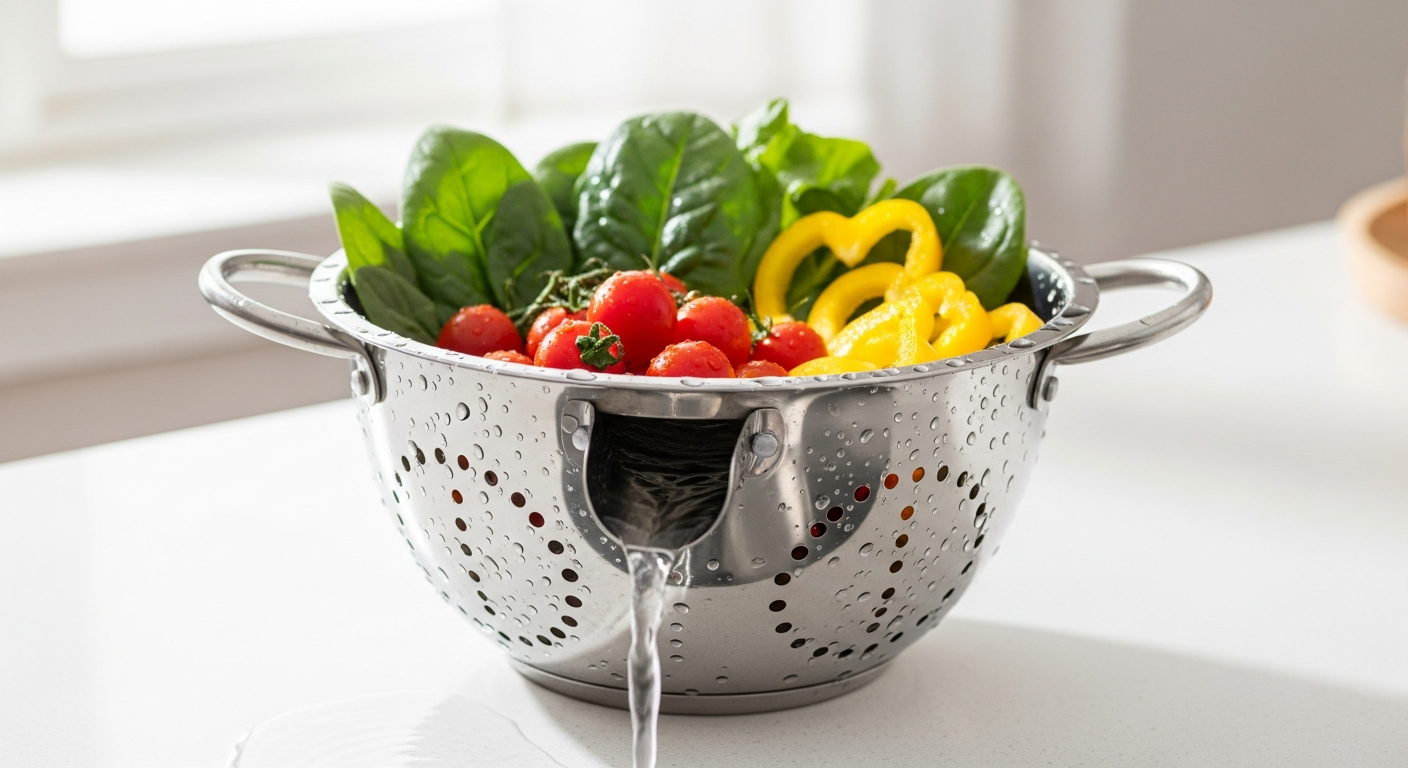 Zeal Drain and Serve Colander with tilt mechanism and ergonomic handles