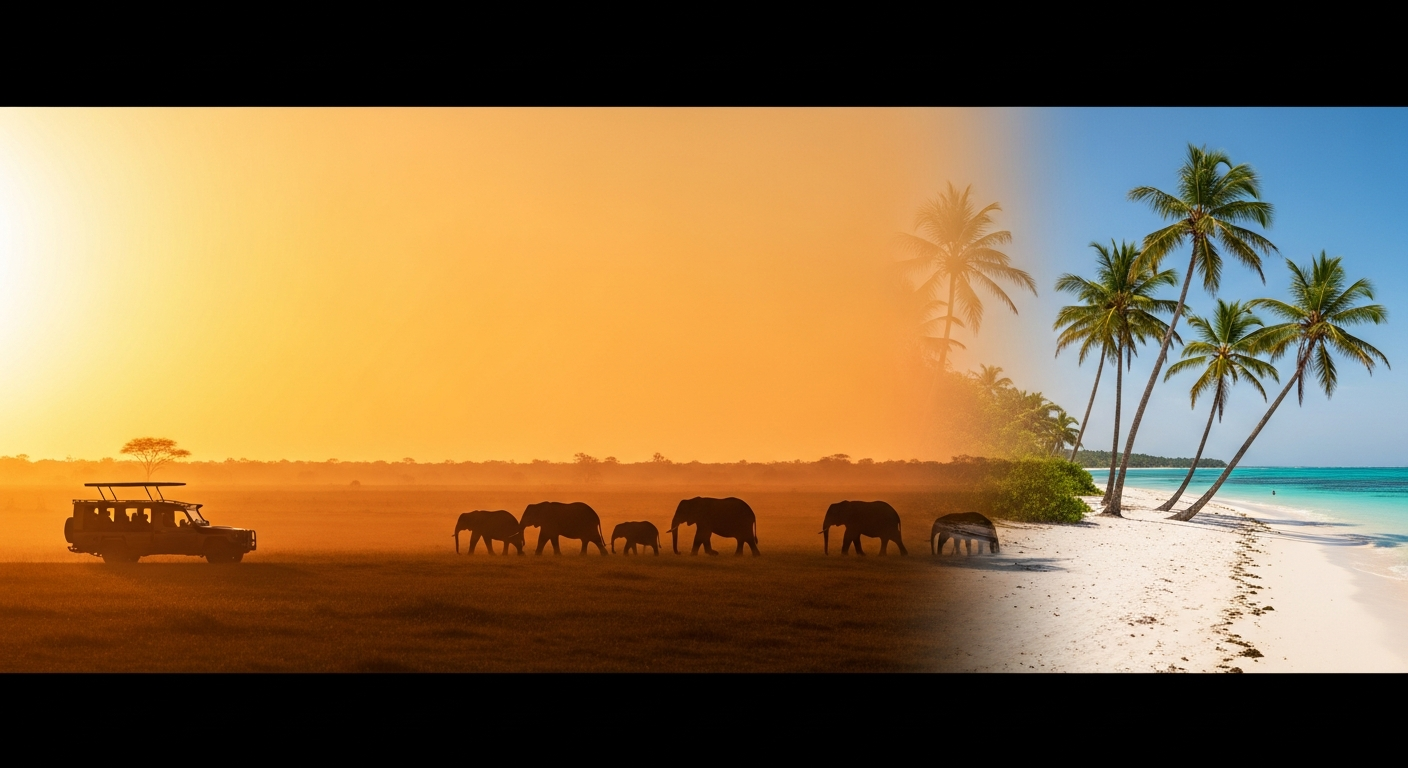 Couple on safari vehicle watching lions in Kenya with golden savanna landscape