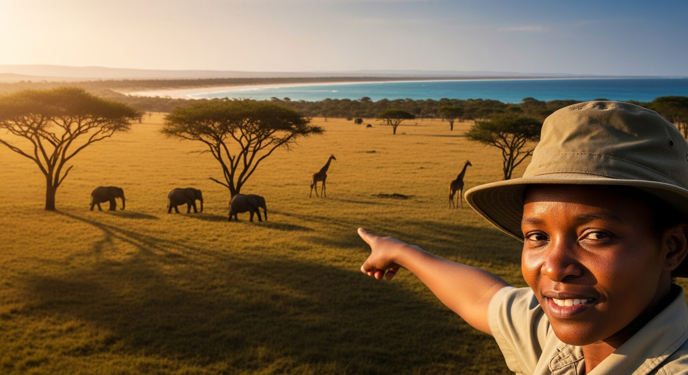 Lion walking across golden savanna grassland at sunrise during Kenya safari