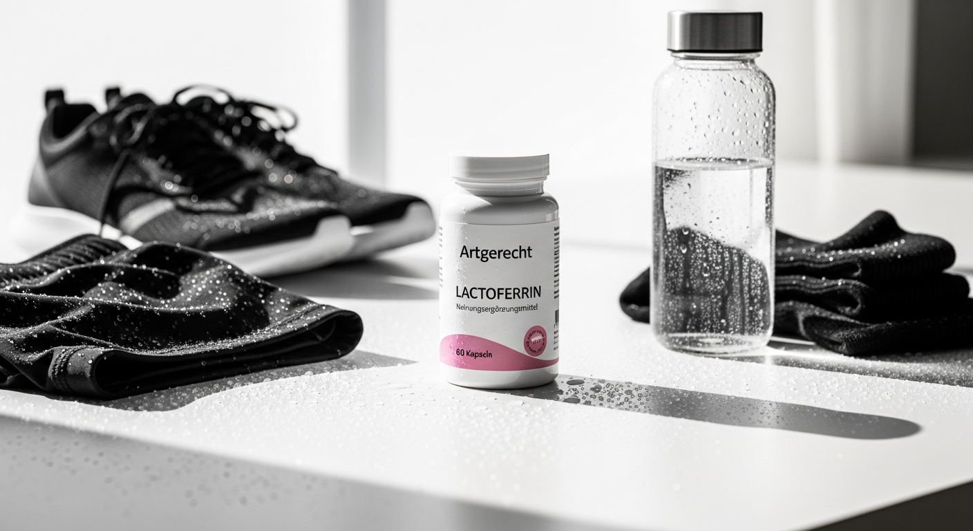 Artgerecht Lactoferrin Capsules bottle displayed with athletic training equipment