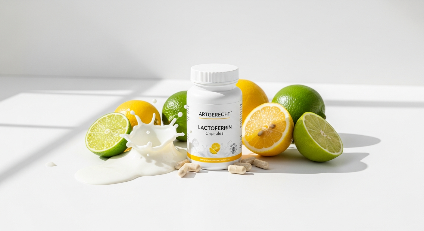 Artgerecht Lactoferrin Capsules bottle displayed with German supplement certification badge