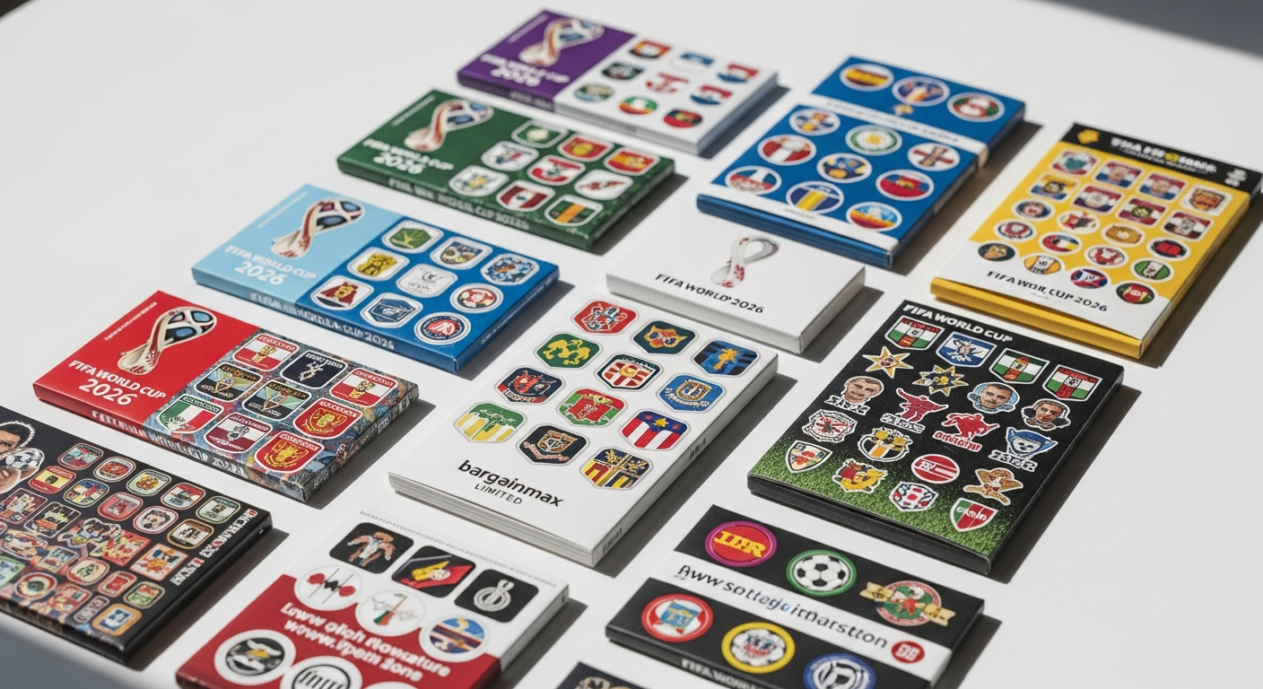 FIFA World Cup 2026 sticker collection packs displayed with colorful player cards and album