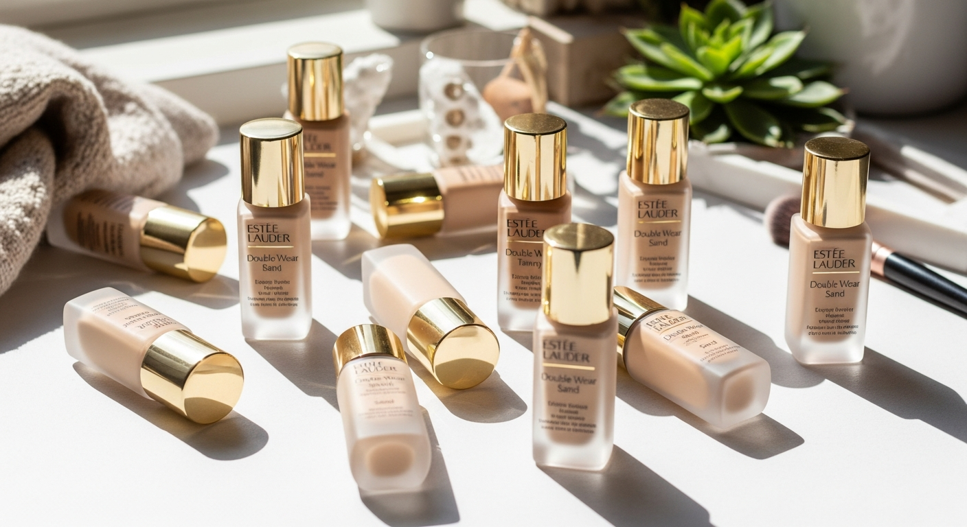 Estée Lauder Double Wear Stay-in-Place Foundation bottle and swatches on oily skin