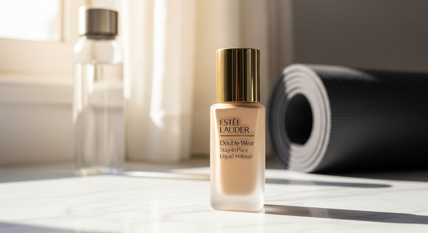 Estée Lauder Double Wear Foundation bottle displayed with active lifestyle imagery