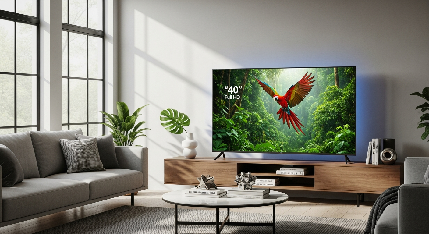 HYE 40-inch Full HD Smart TV displaying streaming apps on modern living room entertainment setup