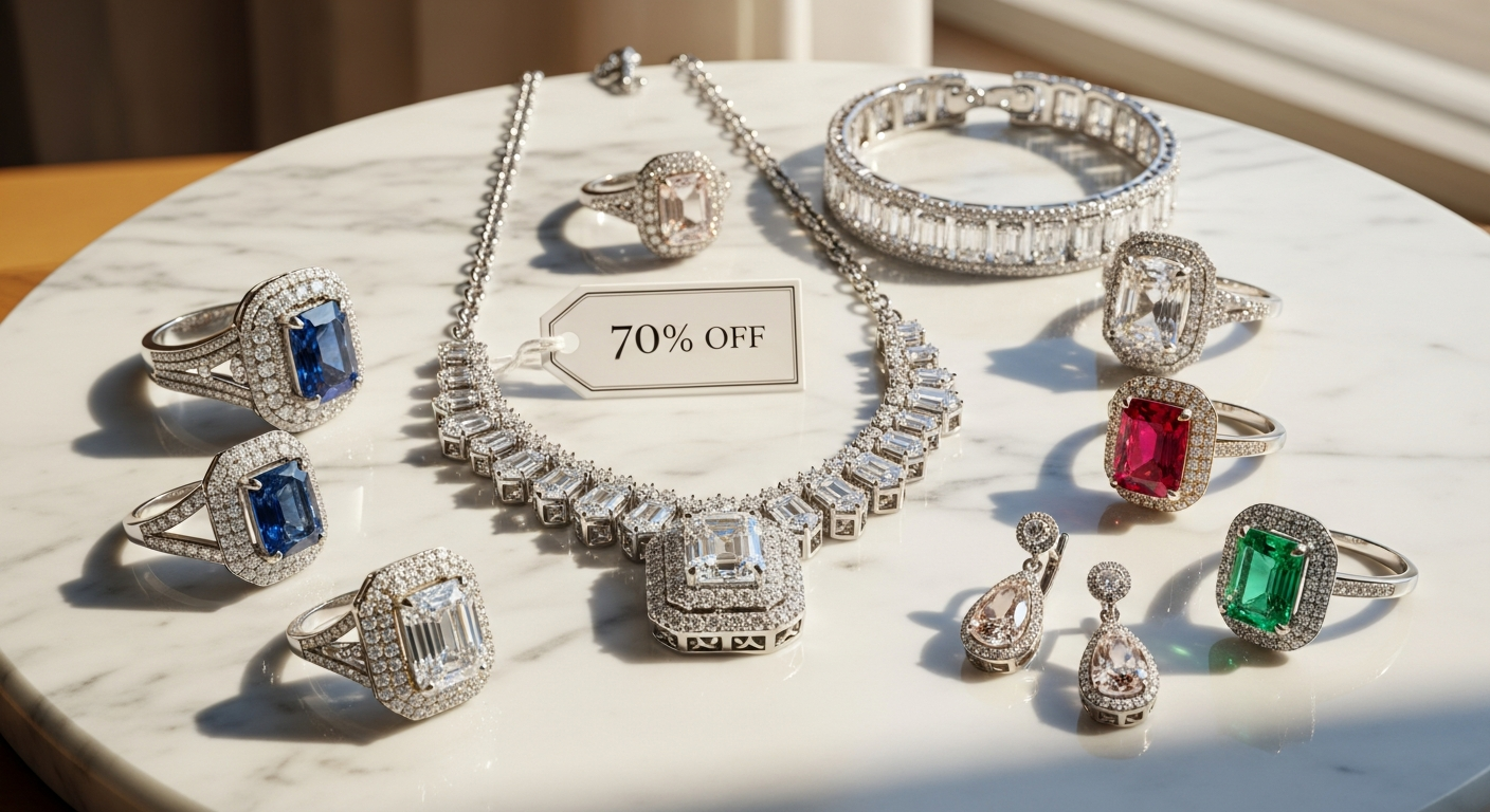Luxury fine jewelry displayed on auction platform showing discounted designer watches and diamond rings