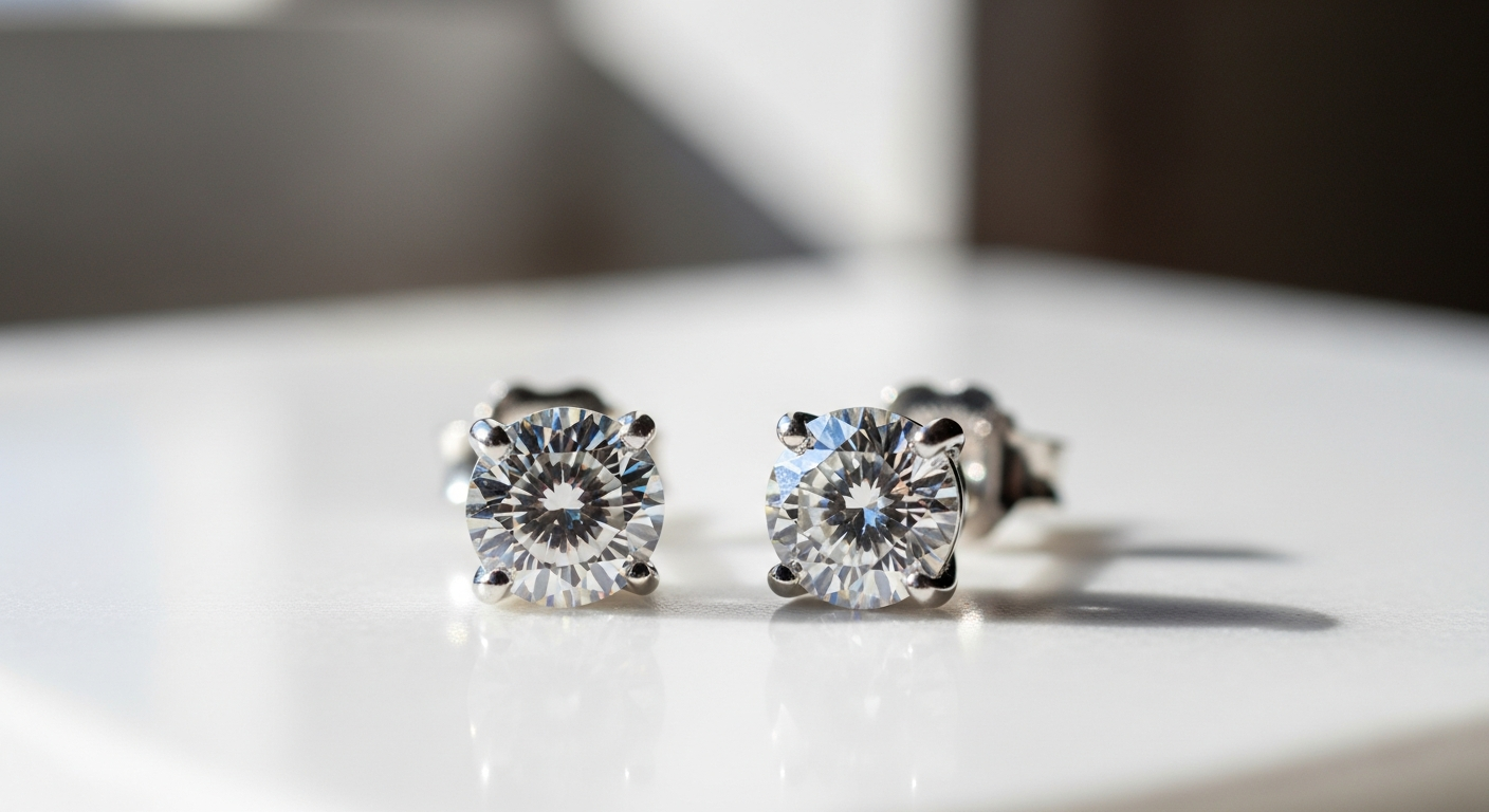 Moissanite stud earrings in sterling silver displayed on elegant background
