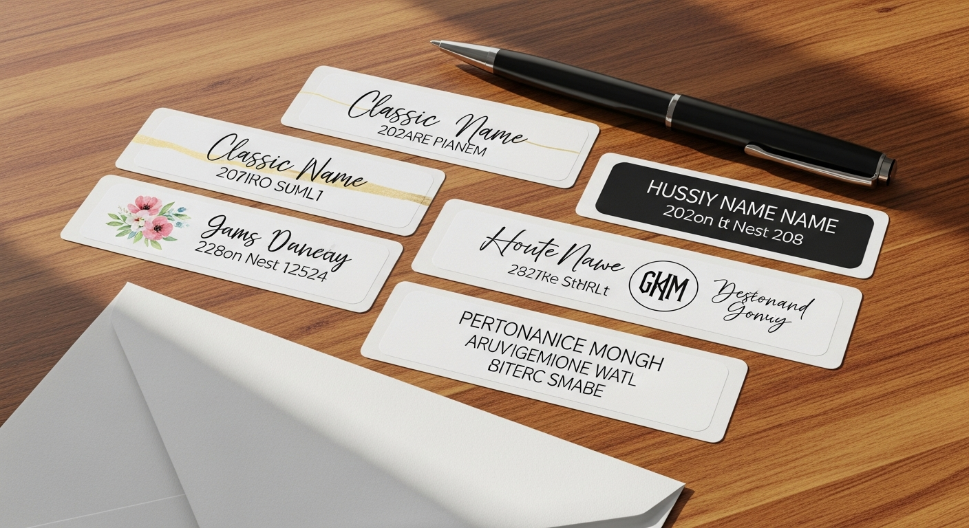 Colorful personalized address labels with various custom designs and patterns displayed together