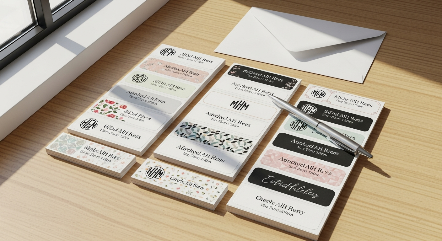 Colorful personalized address labels with various floral and custom designs displayed together