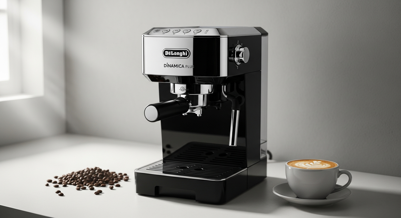 De'Longhi Dinamica Plus automatic espresso machine with touchscreen display and milk frother system