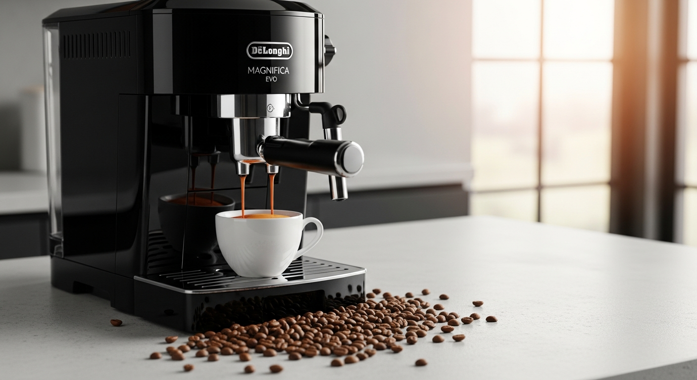 De'Longhi Magnifica Evo super-automatic espresso machine with integrated grinder and milk frother system