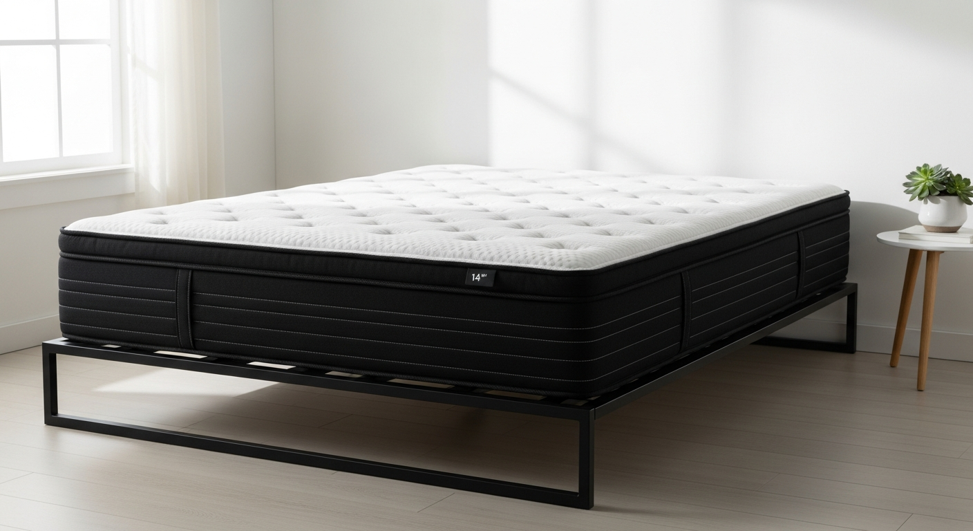 EGOHOME Black 14-inch memory foam mattress on bed frame showing graphene cooling cover and foam construction layers