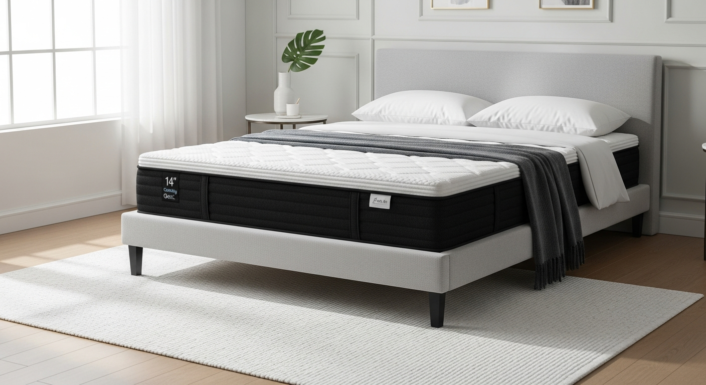 EGOHOME Black 14-inch cooling mattress displayed in bedroom showing foam and hybrid options for couples