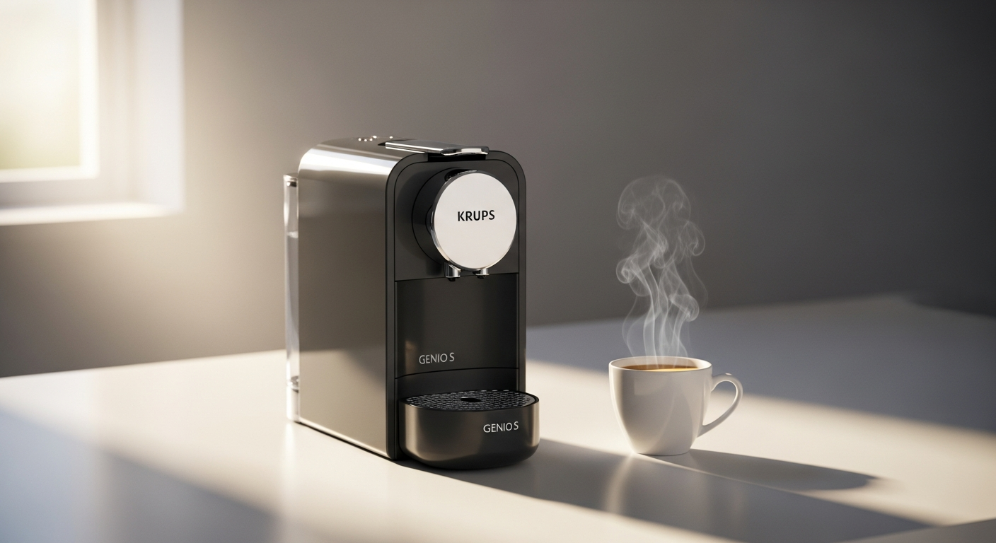 Krups Genio S Dolce Gusto compact white coffee machine on small kitchen counter