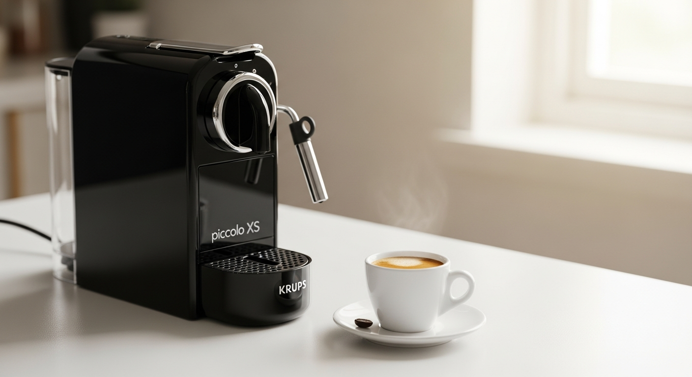 Compact red Krups Piccolo XS Dolce Gusto coffee machine on kitchen counter
