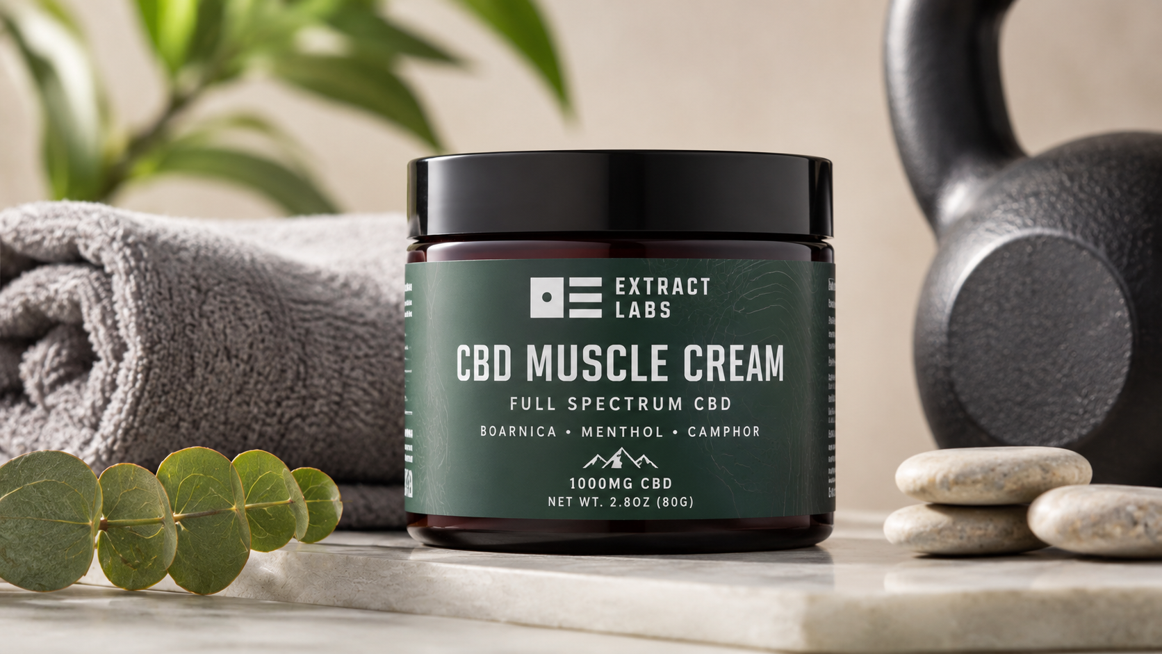 Extract Labs CBD Muscle Cream container displayed in a clean wellness setting, formulated with CBD and natural ingredients to support muscle recovery, soreness relief, and post-workout comfort.