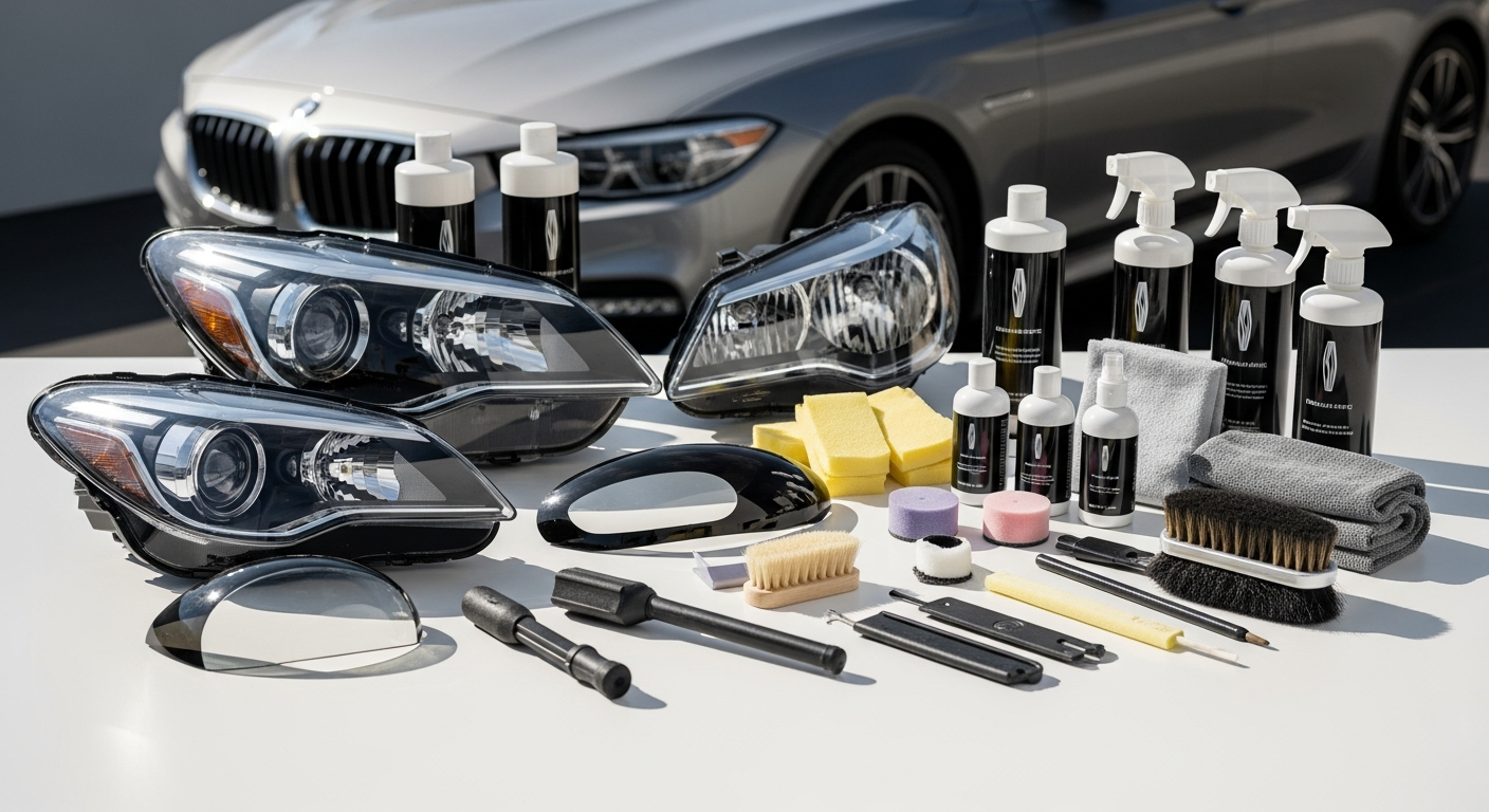 Kit rénovation phares voiture avec composés abrasifs et disques polissage