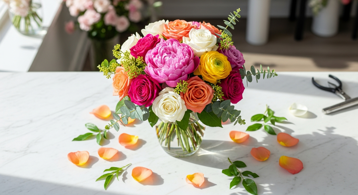 Colorful fresh flower arrangement in glass vase with seasonal blooms
