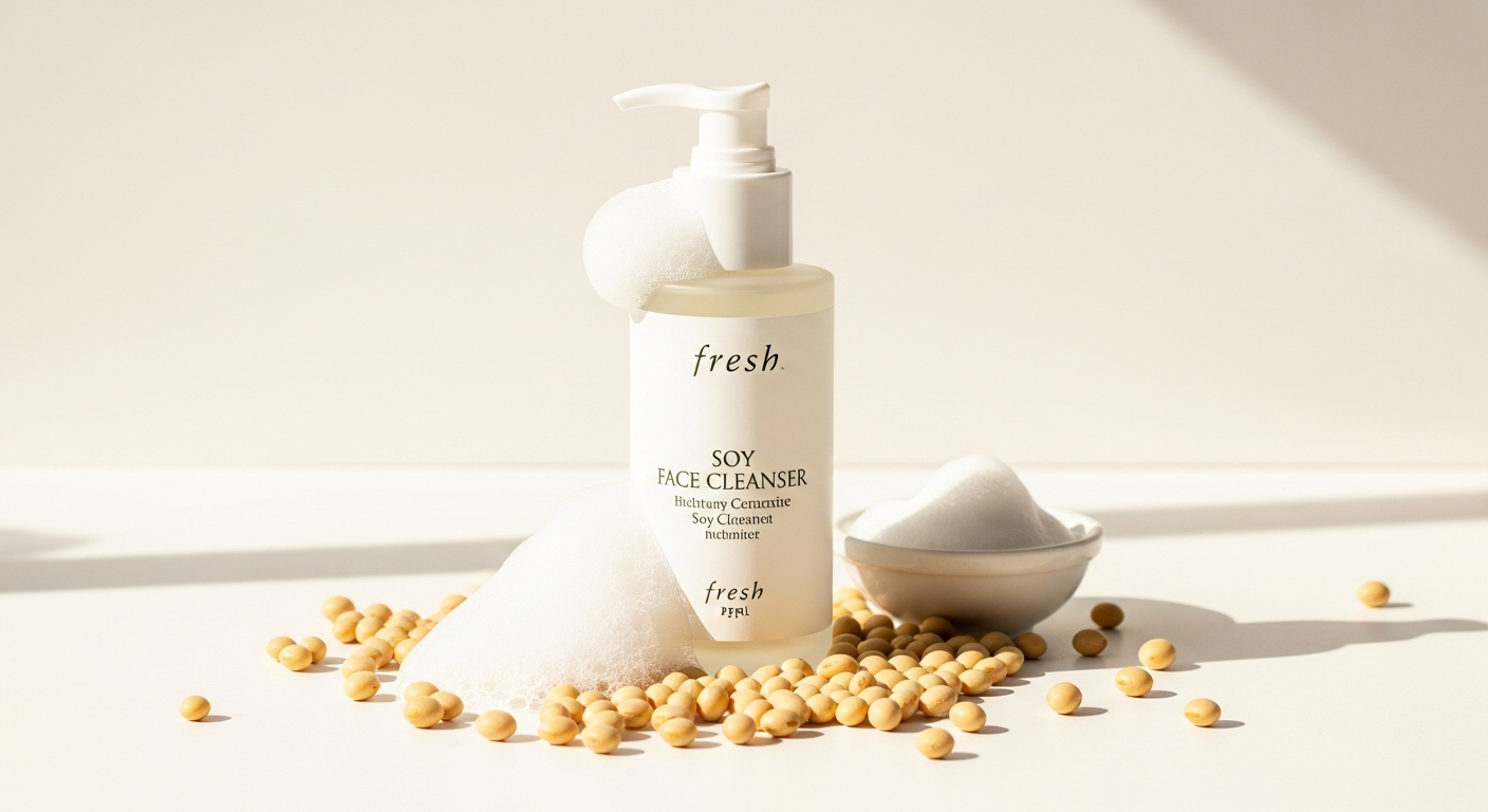 Fresh Soy Face Cleanser bottle with soy beans and cucumber on white background